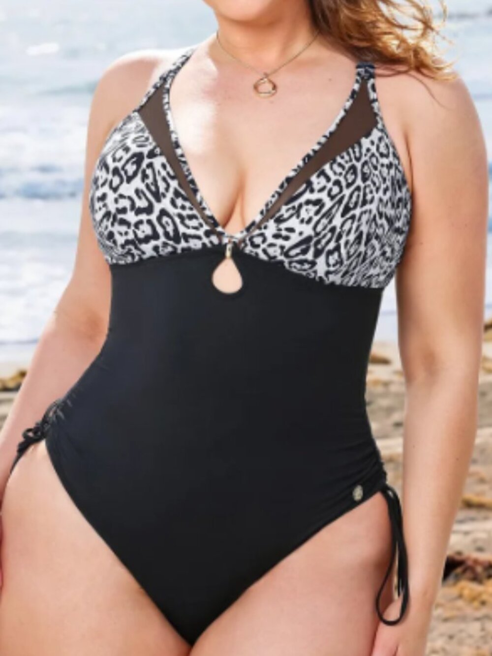 Black & White Leopard Mesh Inset Tie-Side Sculpting One-Piece Swimsuit XL BNWT
